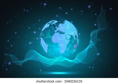 Global network connection. Blue world map hexagonal polygonal mesh and line as business, composition concept. Vector Illustration.