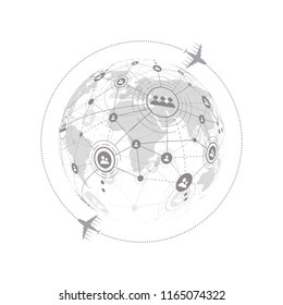 Global network connection with Business plane concept. World map point and line composition. Vector Illustration