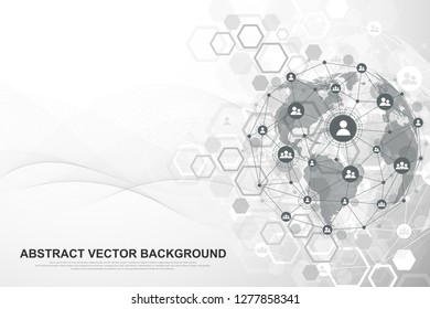 Global network connection concept. Big data visualization. Social network communication in the global computer networks. Internet technology. Business. Science. Vector illustration