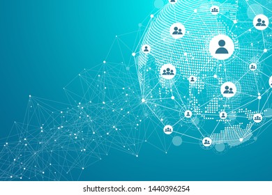 Global network connection concept. Big data visualization. Social network communication in the global computer networks. Internet technology. Business. Science. Vector illustration.