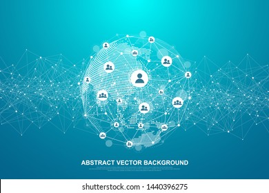 Global network connection concept. Big data visualization. Social network communication in the global computer networks. Internet technology. Business. Science. Vector illustration.
