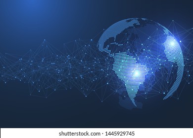 Global network connection concept. Big data visualization. Social network communication in the global computer networks. Internet technology. Business. Science. Vector illustration.