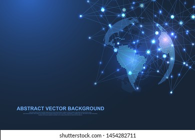 Global network connection concept. Big data visualization. Social network communication in the global computer networks. Internet technology. Business. Science. Vector illustration.