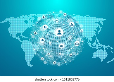 Global network connection concept. Big data visualization. Social network communication in the global computer networks. Internet technology. Business. Science. Vector illustration.