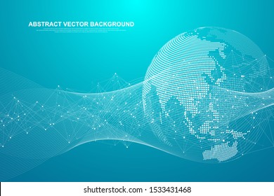 Global network connection concept. Big data visualization. Social network communication in the global computer networks. Internet technology. Business. Science. Vector illustration.