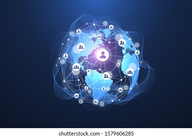 Global network connection concept. Big data visualization. Social network communication in the global computer networks. Internet technology. Business. Science. Vector illustration.