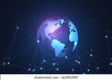 Global network connection concept. Big data visualization. Social network communication in the global computer networks. Internet technology. Business. Science. Vector illustration.