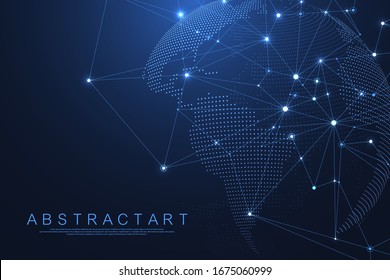 Global network connection concept. Big data visualization. Social network communication in the global computer networks. Internet technology. Business. Science. Vector illustration.