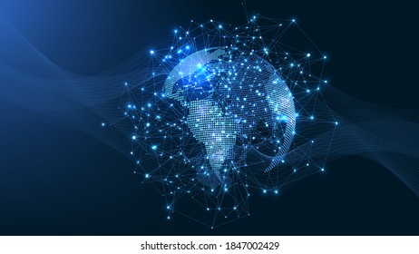 Global network connection concept. Big data visualization. Social network communication in the global computer networks. Internet technology. Business. Science. Vector illustration.