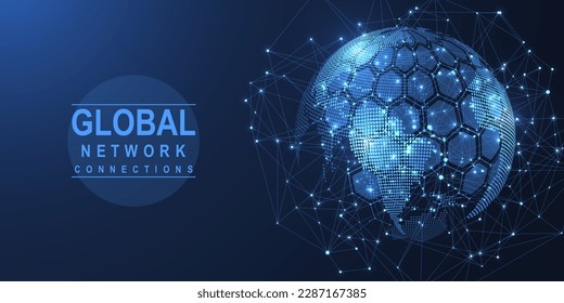 Global network connection concept. Big data visualization. Social network communication in the global computer networks. Internet technology. Business. Science. Vector illustration.