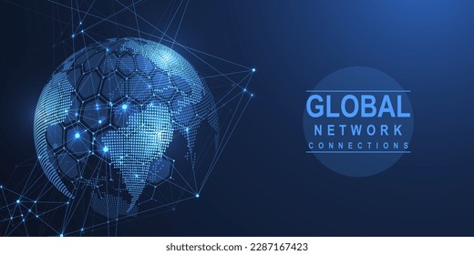 Global network connection concept. Big data visualization. Social network communication in the global computer networks. Internet technology. Business. Science. Vector illustration.