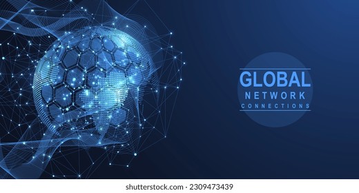 Concepto de conexión de red global. Gran visualización de datos. Comunicación de redes sociales en las redes informáticas globales. Tecnología de Internet. Negocios. Ciencia. Ilustración vectorial.