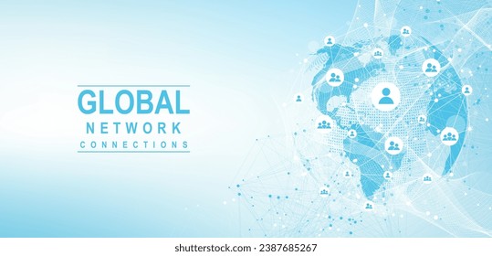 Global network connection concept. Big data visualization. Social network communication in the global computer networks. Internet technology. Business. Science. Vector illustration.