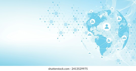 Global network connection concept. Big data visualization. Social network communication in the global computer networks. Internet technology. Business. Science. Vector illustration.