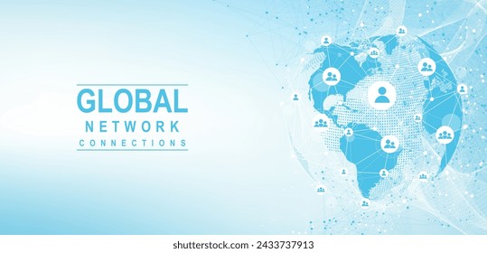 Global network connection concept. Big data visualization. Social network communication in the global computer networks. Internet technology. Business. Science. Vector illustration.