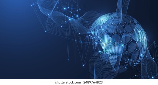 Global network connection concept. Big data visualization. Social network communication in the global computer networks. Internet technology. Business. Science. Vector illustration.