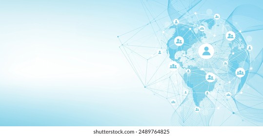 Global network connection concept. Big data visualization. Social network communication in the global computer networks. Internet technology. Business. Science. Vector illustration.