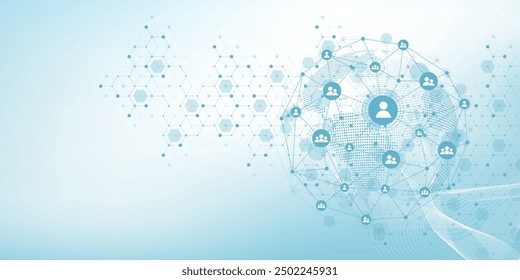 Global network connection concept. Big data visualization. Social network communication in the global computer networks. Internet technology. Business. Science. Vector illustration