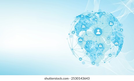 Global network connection concept. Big data visualization. Social network communication in the global computer networks. Internet technology. Business. Science. Vector illustration.
