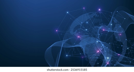 Concepto de conexión de red global. Visualización de Big Data. Comunicación de redes sociales en las redes informáticas globales. Tecnología de Internet. Negocios. Ciencia. Ilustración vectorial