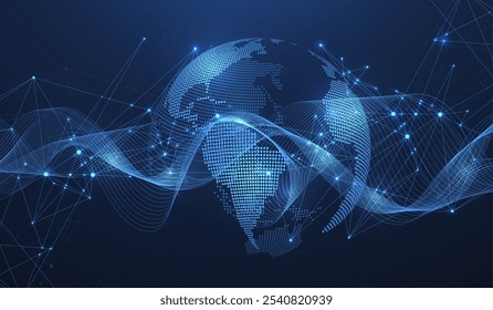 Global network connection concept. Big data visualization. Social network communication in the global computer networks. Internet technology. Business. Science. Vector illustration.
