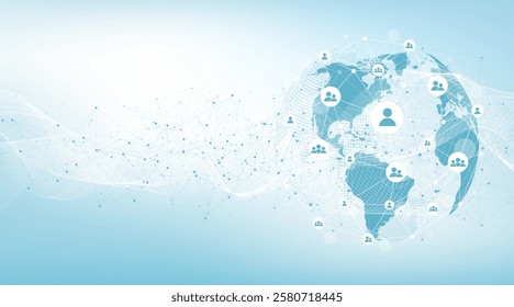 Global network connection concept. Big data visualization. Social network communication in the global computer networks. Internet technology. Business. Science. Vector illustration.