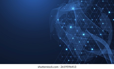 Global network connection concept. Big data visualization. Social network communication in the global computer networks. Internet technology. Business. Science. Vector illustration.