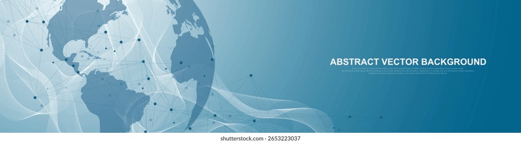 Globales Netzwerkverbindungskonzept. Visualisierung großer Datenmengen. Kommunikation in sozialen Netzwerken in globalen Computernetzwerken. Internet-Technologie. Geschäft. Wissenschaft. Vektorgrafik