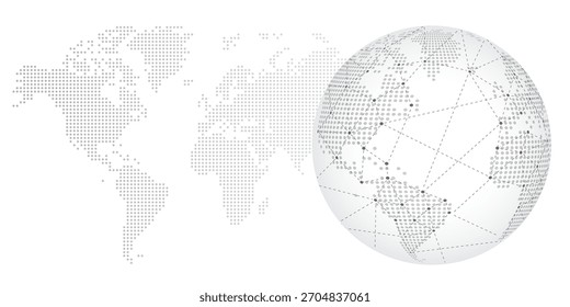 Global network connection concept. Big data or Social network communication visualization. Dotted Map of the World and World Map Globe with city connections. Vector Internet technology design