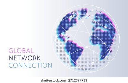 Global network connection concept. Big data or Social network communication visualization. Dotted Map of the World and World Map Globe with city connections. Blue and Purple Vector Internet technology design