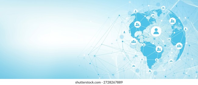 Globales Netzwerkverbindungskonzept. Visualisierung großer Datenmengen. Kommunikation in sozialen Netzwerken in globalen Computernetzwerken. Internet-Technologie. Geschäft. Wissenschaft. Vektorgrafik
