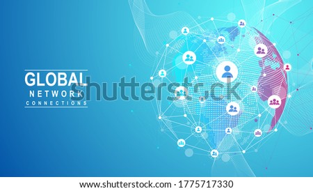 Global network connection concept. Big data visualization. Social network communication in the global computer networks. Internet technology. Business. Science. Vector illustration.
