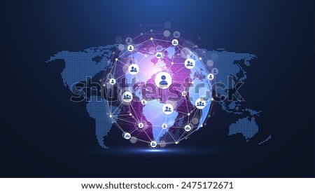 Global network connection concept. Big data visualization. Social network communication in the global computer networks. Internet technology. Business. Science. Vector illustration.