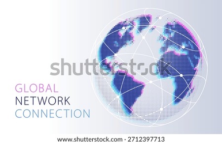 Global network connection concept. Big data or Social network communication visualization. Dotted Map of the World and World Map Globe with city connections. Blue and Purple Vector Internet technology design