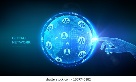 Global network connection. Concept of global business. Hand touching Earth globe world map point and line composition. Blue futuristic internet connection background. Vector Illustration.