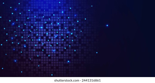 Global network connection concept with connecting the dots and lines and digital pixel on dark blue background. Vector illustration.