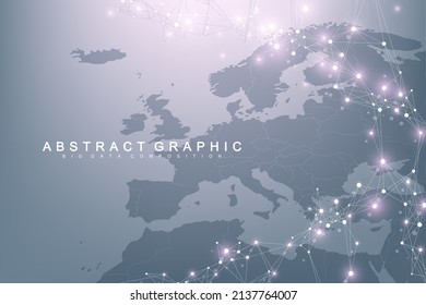 Global network connection concept in the Europe. Europe social network communication in the global business. Big data visualization. Internet technology. Vector illustration