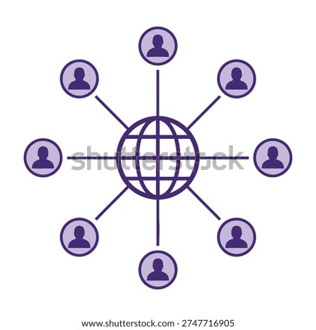 Global network connection concept with people icons surrounding a central globe symbolizing international collaboration and teamwork