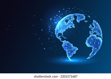 Global network connection concept with planet Earth globe map in futuristic glowing style on blue