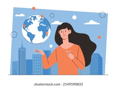 Globales Netzwerk-Verbindungskonzept. Junge lächelnde Frau zeigt sich mit dem Finger auf den Globus oder die Landkarte des Planeten. Soziale Medienkommunikation, globales Geschäft oder Technologie. Cartoon-Flavektor-Vektorgrafik