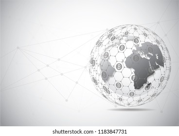 Global network connection of cryptocurrency bitcoin. World map point and line composition concept of global business. Vector Illustration