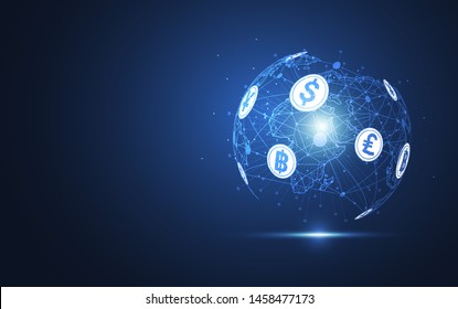 Global Network Connection. Currency Coin. Money Transfer. World Map Point And Line Composition Concept Of Global Business. Vector Illustration