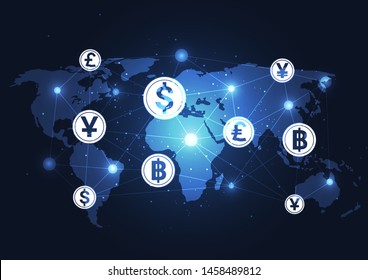 Global network connection. Currency coin. Money transfer. World map point and line composition concept of global business. Vector Illustration