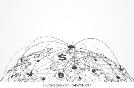 Global Network Connection. Currency Coin. Money Transfer. World Map Point And Line Composition Concept Of Global Business. Vector Illustration