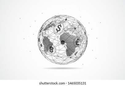 Global network connection. Currency coin. Money transfer. World map point and line composition concept of global business. Vector Illustration