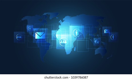 Global network connection, Digital circuit boards with icon and world map background, Symbol of International communication, Social media and devices technology which spans the entire earth.