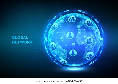 Global network connection. Earth globe illustration. Abstract polygonal planet. Low poly design. Concept of global business. Blue futuristic internet connection background. Vector Illustration.