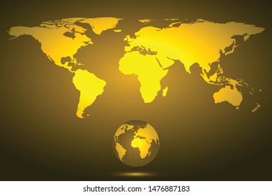 Global network connection. Gold World map and earth as business, composition concept. Vector Illustration.

