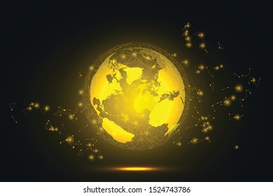 Global network connection. Gold World map hexagonal polygonal mesh and line as business, composition concept. Vector Illustration EPS10.
