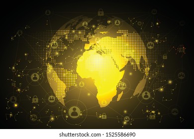 Global network connection. Gold World map hexagonal polygonal mesh and line as business, composition concept. Vector Illustration EPS10.